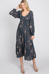 Navy Floral Smocked Midi Dress