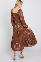 Rust Floral Smocked Midi Dress