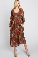 Rust Floral Smocked Maternity Midi Dress