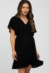 Black Smocked Front Ruffle Hem Maternity Dress