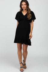 Black Smocked Front Ruffle Hem Maternity Dress