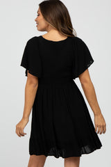 Black Smocked Front Ruffle Hem Maternity Dress