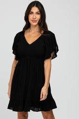 Black Smocked Front Ruffle Hem Maternity Dress