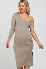 Taupe One Shoulder Side Slit Maternity Midi Dress