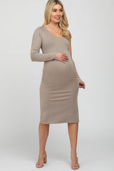 Taupe One Shoulder Side Slit Maternity Midi Dress