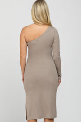 Taupe One Shoulder Side Slit Maternity Midi Dress