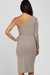 Taupe One Shoulder Side Slit Midi Dress