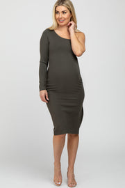 Olive One Shoulder Side Slit Maternity Midi Dress