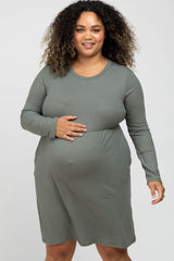 Grey Ribbed Long Sleeve Plus Maternity Dress