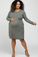 Grey Ribbed Long Sleeve Plus Maternity Dress