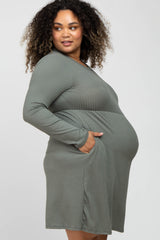 Grey Ribbed Long Sleeve Plus Maternity Dress