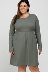 Grey Ribbed Long Sleeve Plus Dress