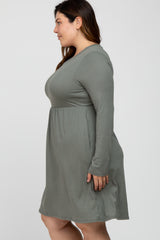 Grey Ribbed Long Sleeve Plus Dress