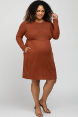 Rust Ribbed Long Sleeve Plus Maternity Dress