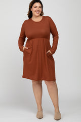 Rust Ribbed Long Sleeve Plus Maternity Dress