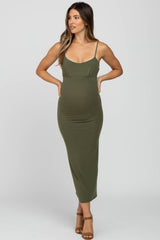 Olive Ribbed Maternity Midi Dress