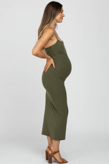 Olive Ribbed Maternity Midi Dress