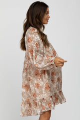 Cream Chiffon Floral Square Ruffle Neck Maternity Dress