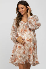 Cream Chiffon Floral Square Ruffle Neck Maternity Dress