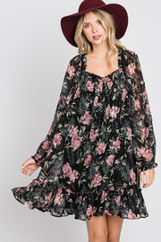 Black Chiffon Floral Square Ruffle Neck Dress