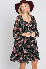 Black Chiffon Floral Square Ruffle Neck Dress