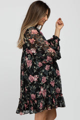 Black Chiffon Floral Square Ruffle Neck Maternity Dress