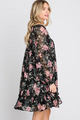 Black Chiffon Floral Square Ruffle Neck Dress