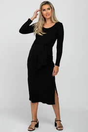 Black Ribbed Knit Tie Front Maternity Midi Dress