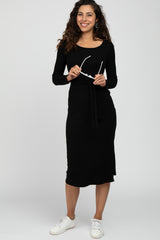 Black Ribbed Knit Tie Front Maternity Midi Dress