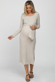 Beige Ribbed Knit Tie Front Maternity Midi Dress