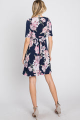 Navy Blue Floral Wrap Front Dress