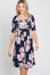 Navy Blue Floral Wrap Front Dress