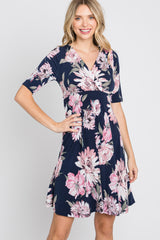 Navy Blue Floral Wrap Front Dress