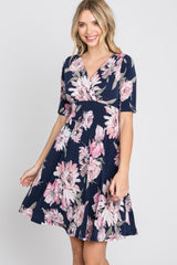 Navy Blue Floral Wrap Front Dress