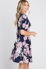 Navy Blue Floral Wrap Front Dress