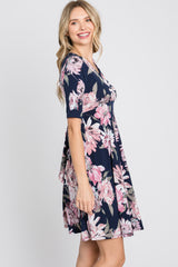 Navy Blue Floral Wrap Front Dress