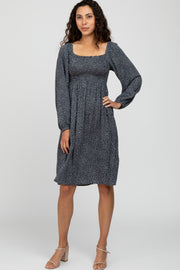 Charcoal Polka Dot Square Neck Smocked Midi Dress