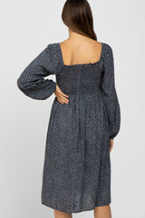 Charcoal Polka Dot Square Neck Smocked Maternity Midi Dress