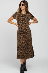 Brown Leopard Print Pocketed Maternity Midi Dress