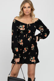 Black Floral Long Sleeve Smocked Maternity Mini Dress