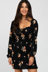 Black Floral Long Sleeve Smocked Mini Dress