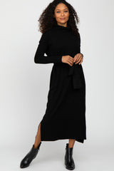 Black Turtleneck Tied Waist Maternity Midi Sweater Dress