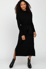 Black Turtleneck Tied Waist Midi Sweater Dress