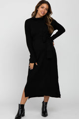 Black Turtleneck Tied Waist Maternity Midi Sweater Dress