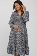 Blue Floral Smocked Maternity Dress