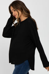 Black Waffle Knit Round Hem Maternity Top