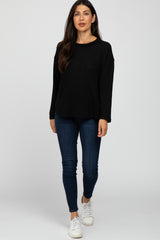 Black Waffle Knit Round Hem Top