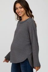 Charcoal Waffle Knit Round Hem Maternity Top