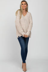 Beige V-Neck Distressed Maternity Sweater