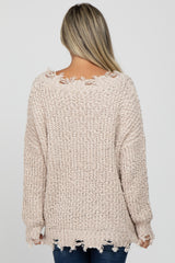 Beige V-Neck Distressed Maternity Sweater